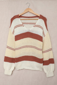 V-neck Knitted Lantern Sleeve Pullover Sweater