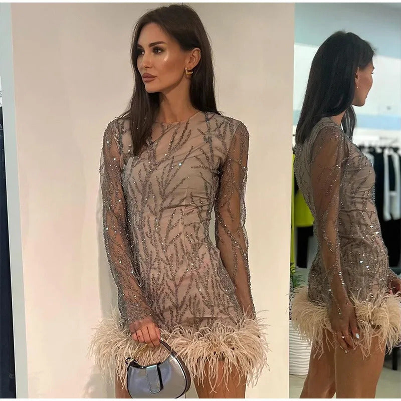 2024 New Feather Sequins Partywear Mini Dresses Women Elegant Mesh Sheer Sequined Long Sleeve Dress Lady Club Evening Vestidos