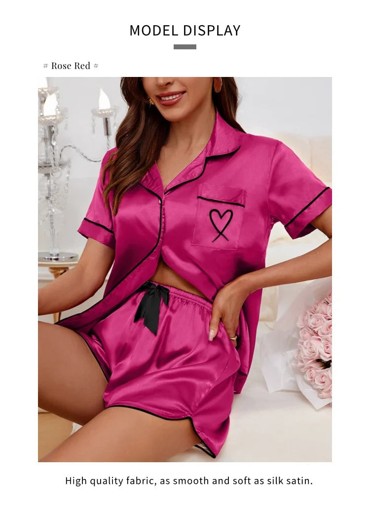 Women's Pajamas Lounge Set Heart Embroidered Pocket Patched Sleepwear Button Down Short Sleeve Top & Shorts Pyjama Home Clothing