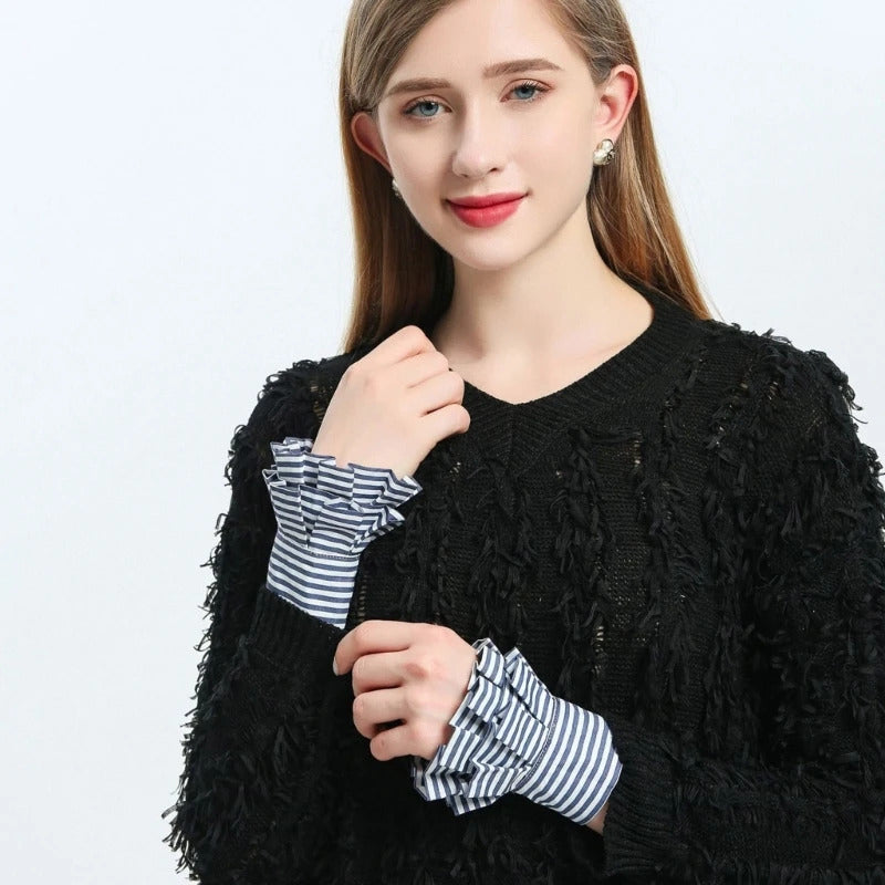 Female Sweater Fake Sleeves Hollow Out Crochet Floral Lace Horn Cuffs Embroidery Flounces Ruffles Elastic Wrist Warmers