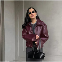 Elegant Burgundy Faux Leather Jackets Women Fashion Lapel Zipper Long Sleeve Female Coats 2024 Autumn Winter Lady Street Outwear