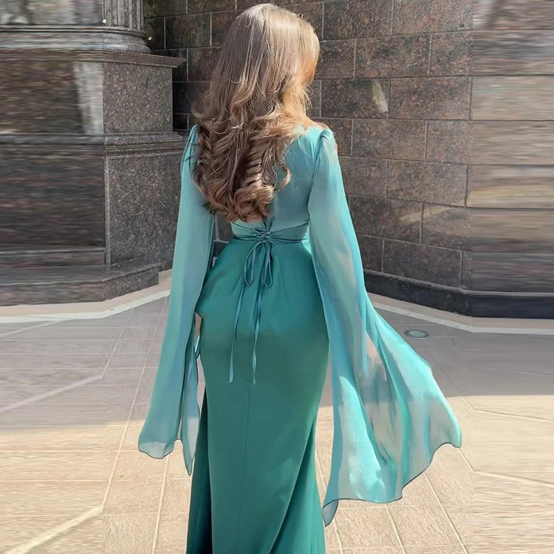 Fashion Satin Solid Robe Dress Ladies Temperament O-neck Slim Evening Dress Elegant Batwing Sleeves High Waist Pleats Long Dress