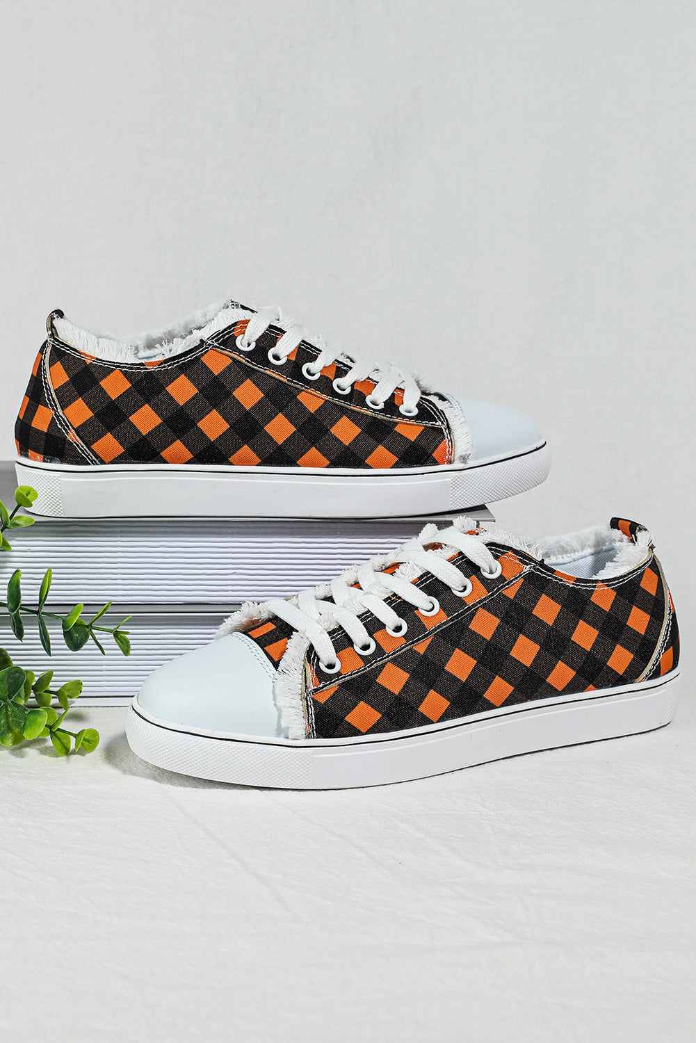 Orange Plaid Frayed Trim Lace-up Shoes