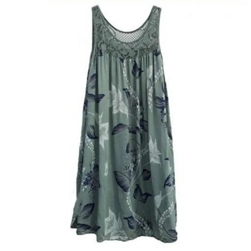 Plus Size Floral Printed Lace Stitching O-Neck Sleeveless Women Summer Loose Tank Dress