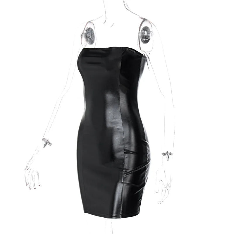 Women Summer Sexy Party Strapless Bodycon Pu Leather Slim Package Hip Black Mini Dress Sundress Female Clothing