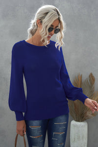 Blue Drop Shoulder Back Cut-out Sweater with Tie