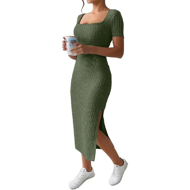 Summer Square Neck, Hip-Hugging Mid-Length Skirt, Short-Sleeved, Versatile Knitted Slit Dress