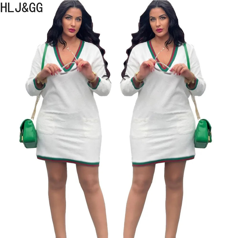 HLJ&GG White Autumn New Printing Knitted Sweater Mini Dresses Women V Neck Long Sleeve Straight Vestidos Female Solid Clothing