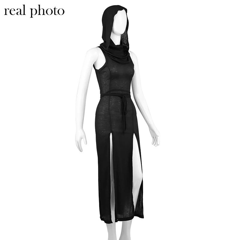 Goth Dark Cyber Gothic Desert Walker Hooded Dresses Y2k Punk Grunge Hollow Out Midi Dress Women Sexy Split Side Solid Streetwear