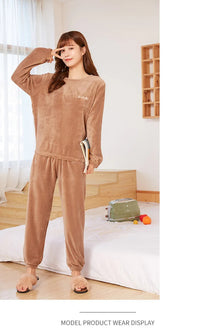 New Autumn Winter Pajamas Warm Coral Fleece Women Cozy Loose Set Top Homewear Long-sleeved lax 2 Piece Solid color Warm Pyjamas