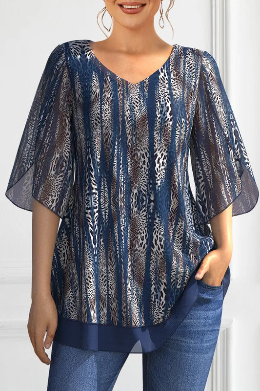 Summer Casual Tops Short Sleeve Women Blouse Plus Size Allover Leopard Print Cold Shoulder V-Neck Blouses Loose Women's Clothing