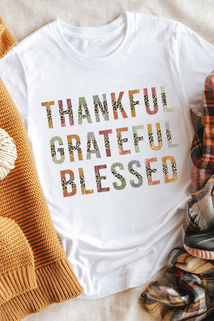 White Leopard Patchwork Thankful Grateful Blessed Graphic T Shirt