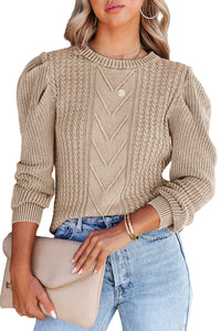 Apricot Cable Ribbed Knit Mix Pattern Puff Sleeve Sweater