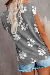 Gray Floral Cap Sleeve T-Shirt with Pocket