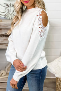 Black Round Neck Lace Splicing Cold Shoulder Sweater