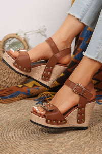 Camel Rivet Buckle Closure Wedge Sandals