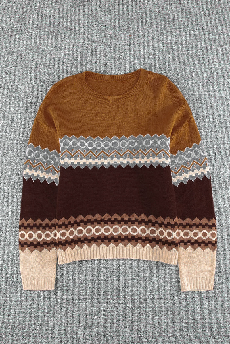 Brown Printed Crew Neck Knit Sweater