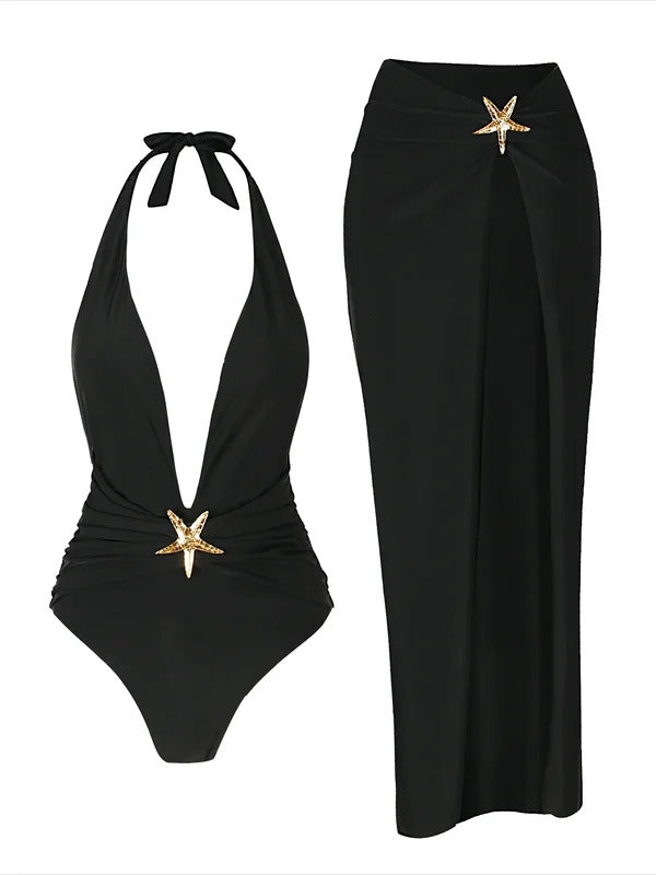 2 Piece Swimsuits for Elegant Women Starfish One Piece Bathing Suits with High Split Skirt Cover ups Sexy Halter Bikini Sets K59