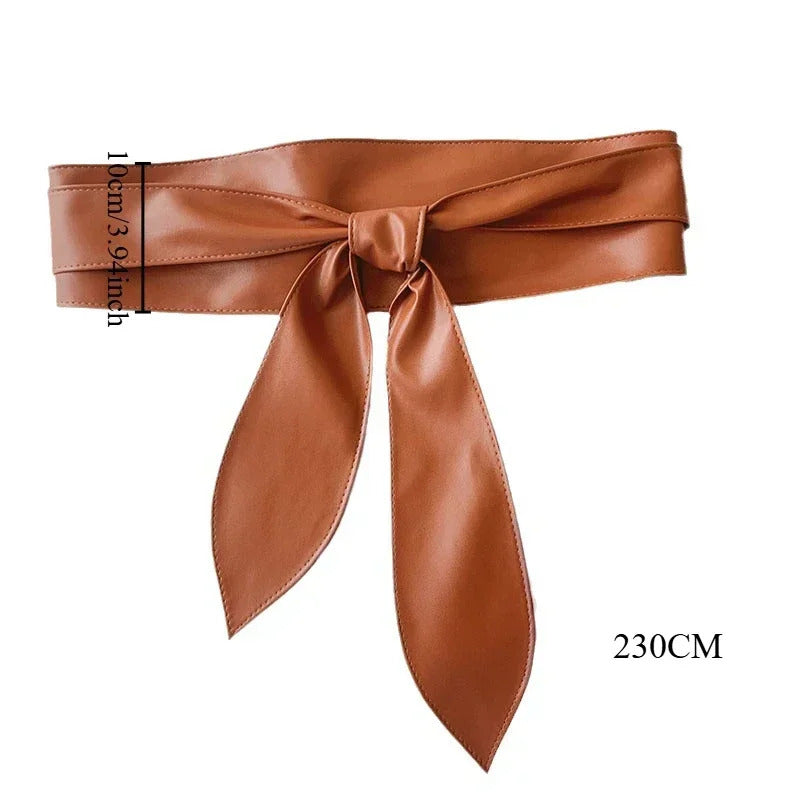 Fashion PU Leather Women Wide Bow Belt Wide Belt Cummerbunds Embellished Waist Wrap Coat Dress decoration Apparel Accessories