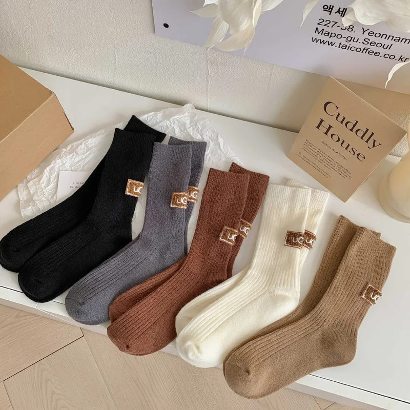 New Middle Tube Mid-Tube Socks Keep Warm Solid Color Snow Boot Socks Heel Furry Label Knitted Ins Women Socks Autumn