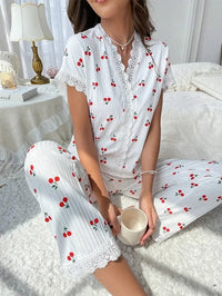 Lace Trim Women Pajama Set Short Sleeve Front Button Top & Full-Length Pants Cherry Print 2 Pieces Sleepwear Nightwear Homewear