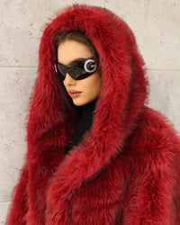 Women Fashion Turn-down Collar Winter Warm Jacket 2025 Christmas Red Hooded Fluffy Faux Fur Coats Casual High Street Outerwear