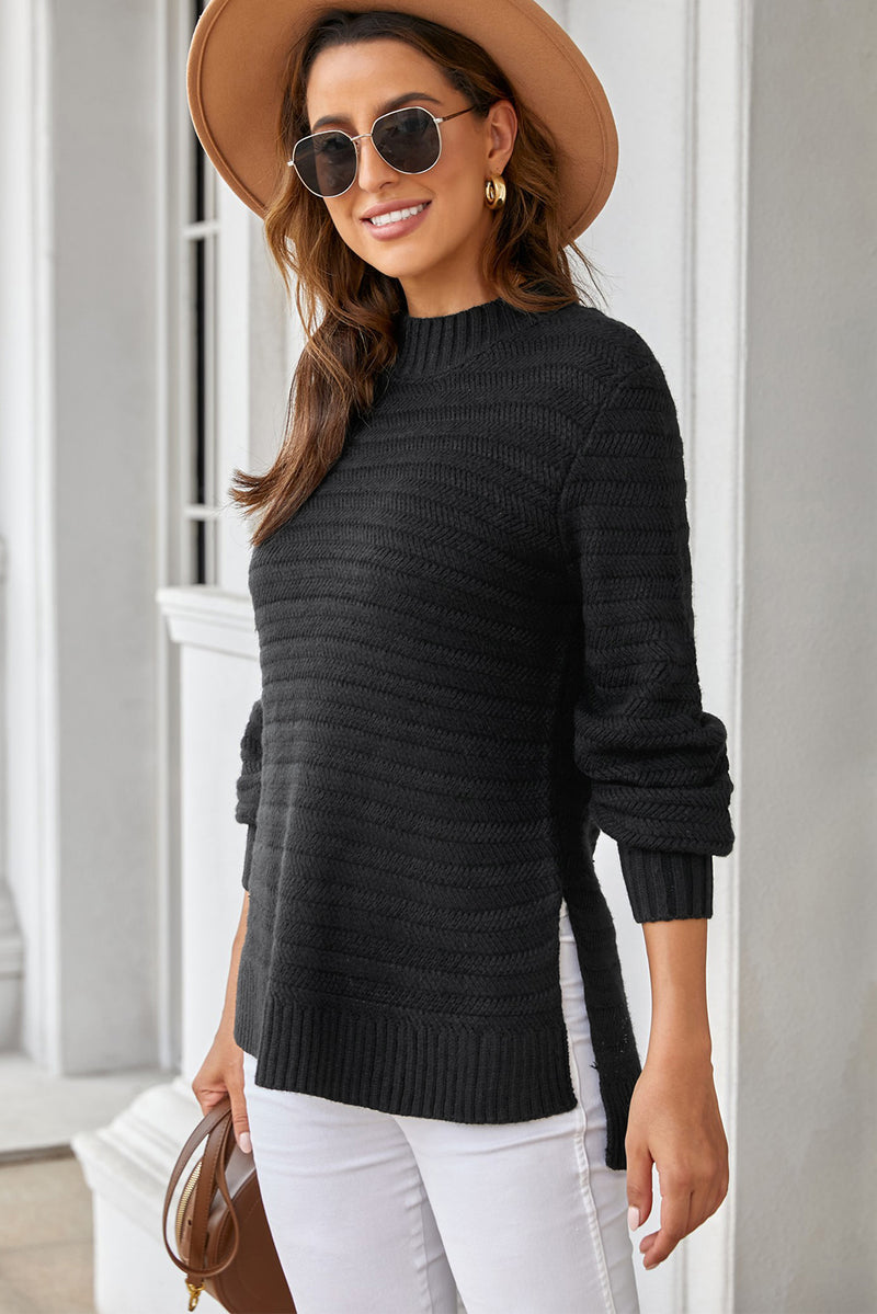 Black Solid Color Stand Collar Textured Sweater