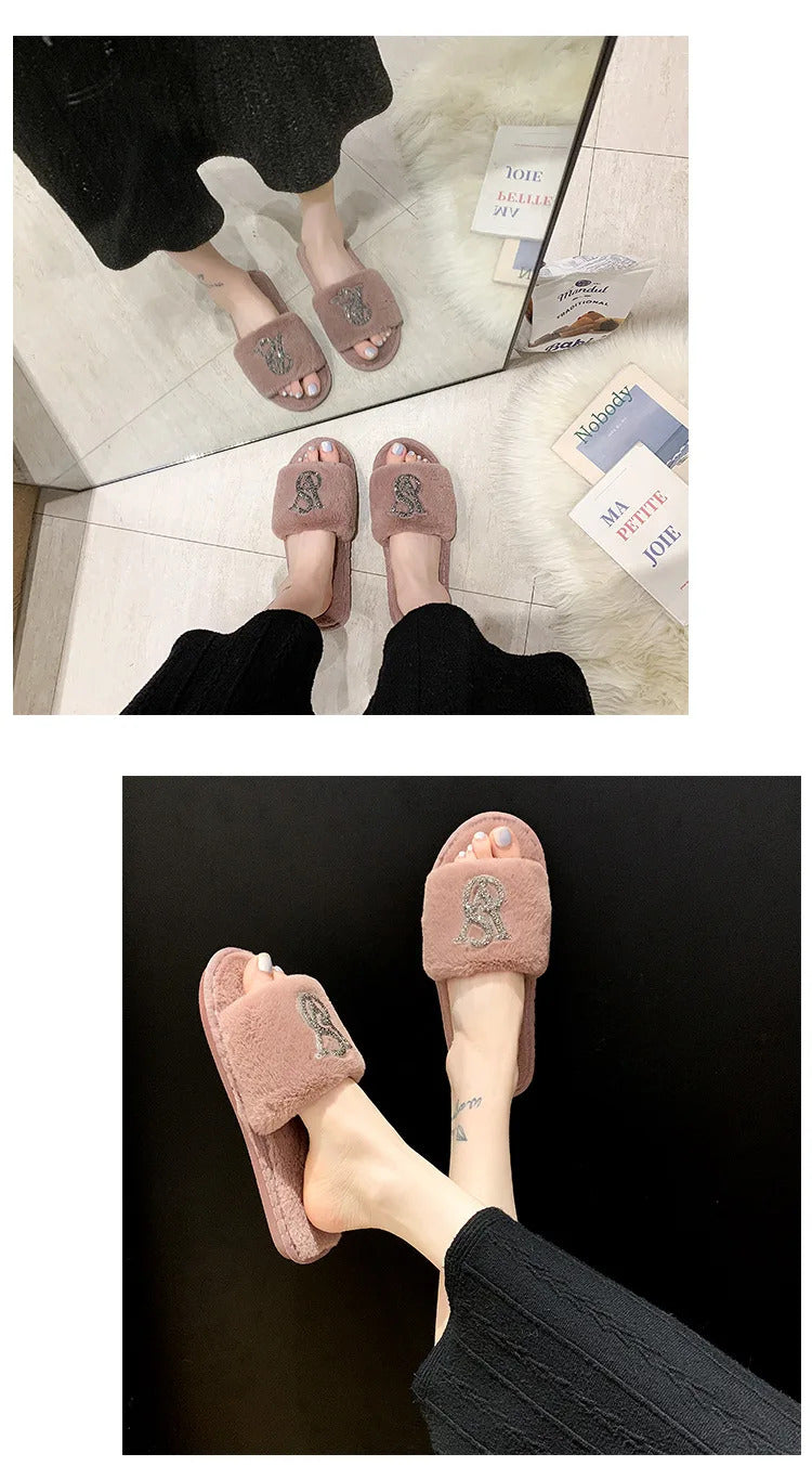 Female Home Cotton Slippers Women Autumn Winter Hairy Warm Footwear Fashion Letter Rhinestones Sandals Woman Casual Flat Shoes