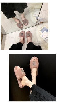 Female Home Cotton Slippers Women Autumn Winter Hairy Warm Footwear Fashion Letter Rhinestones Sandals Woman Casual Flat Shoes