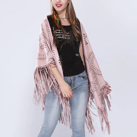 Women's Loose Suede Fringe Open Poncho Cloak Shawl Wrap with Punch Hole Patterns and Graceful Fringes Dropshipping