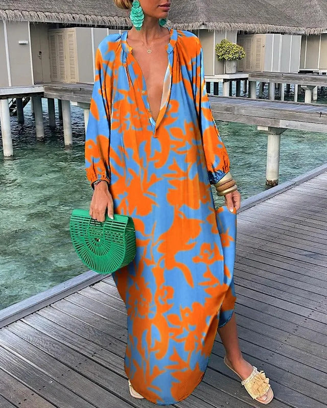 Elegant Women's Dresses 2023 Summer Casual Fashion Print V-Neck Loose Retro Comfortable Maxi Dress Female Robe S-XXXL