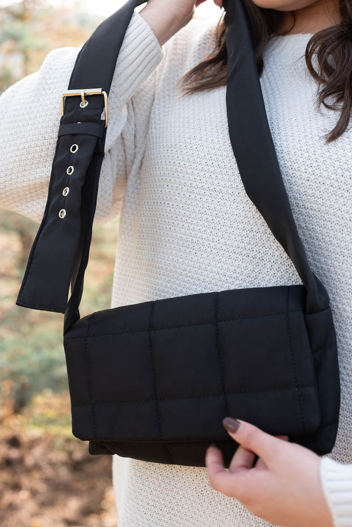 Black Adjustable Wide Strap Quilted Puffer Crossbody Bag