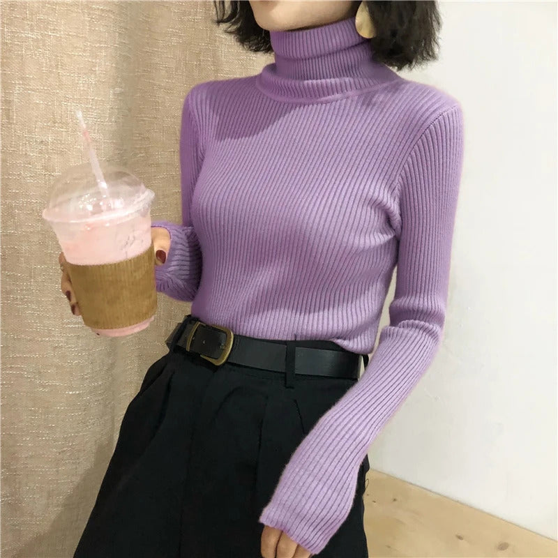 2024 Autumn Winter Thick Sweater Women Knitted Ribbed Pullover Sweater Long Sleeve Turtleneck Slim Jumper Soft Warm Pull Femme