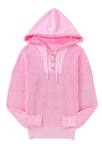 Pink Henley V Neck Hooded Sweater