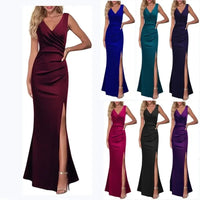 Women's V-neck Sleeveless Maxi Dress Summer Party Dance Slim Side Slit Evening Dress Sexy Backless Elegant Long Dress Partywear