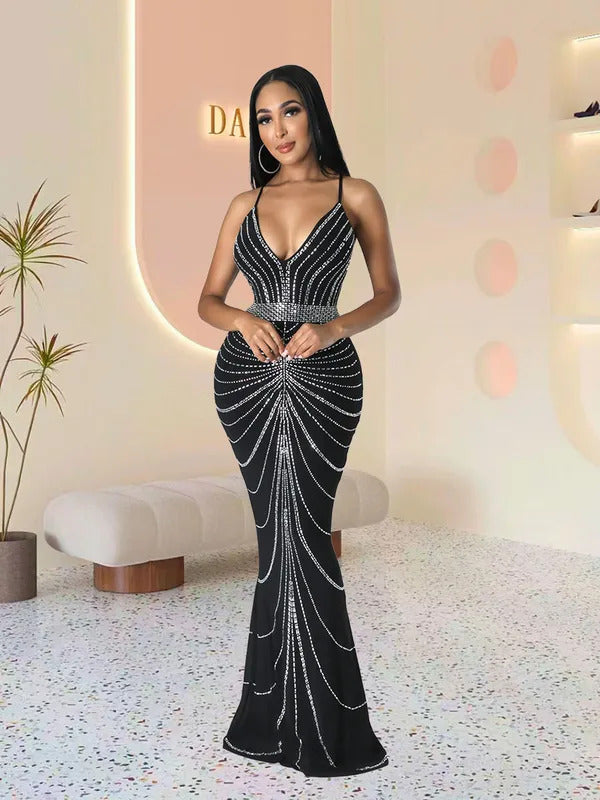 Women's Evening Dress Long Dress Sequin Hot Diamond Party Strap Leaky Back Mermaid Formal Dinner Elegant And Luxurious Dress