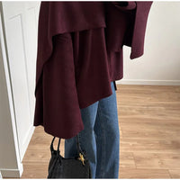 2024 Burgundy Women's Chic Scarf Collar Jackets Autumn Fashion Long Sleeved Casual Loose Coat New Ladies Elegant Street Outwear