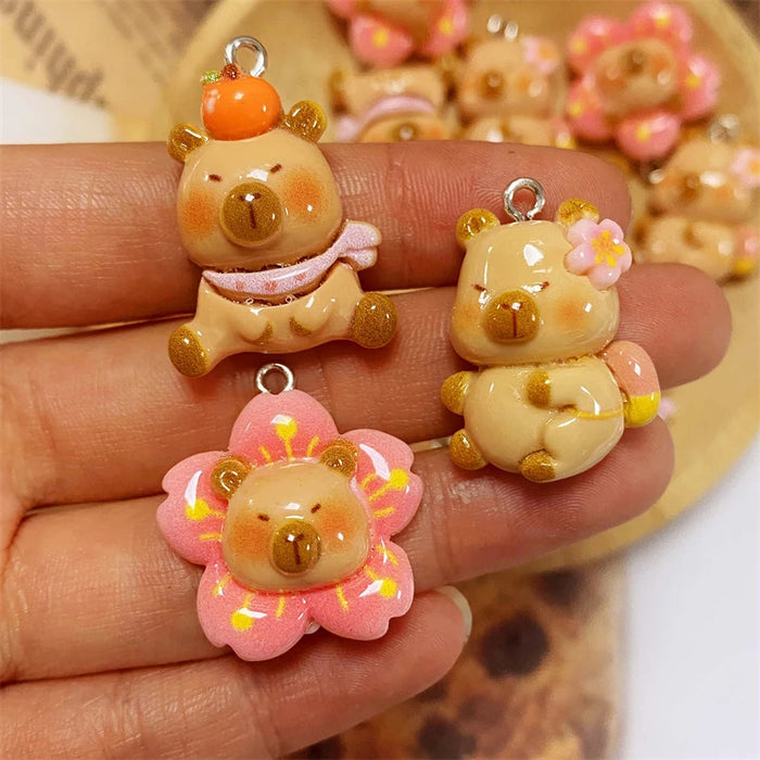 10pcs/Pack Cartoon Kapibala Resin Charms Cute Flower Orange Capybara Pendant DIY For Earring Keychains Jewelry Make