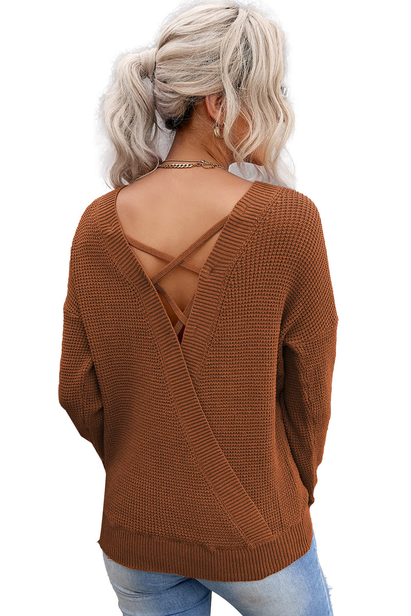 Brown Cross Back Hollow-out Sweater