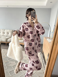 100% Cotton Pajamas for Women Loose Cartoon Long Sleeve Pants Loungewear Women 2 Piece Set Pj Women Outfit Sleepwear Set Pijamas