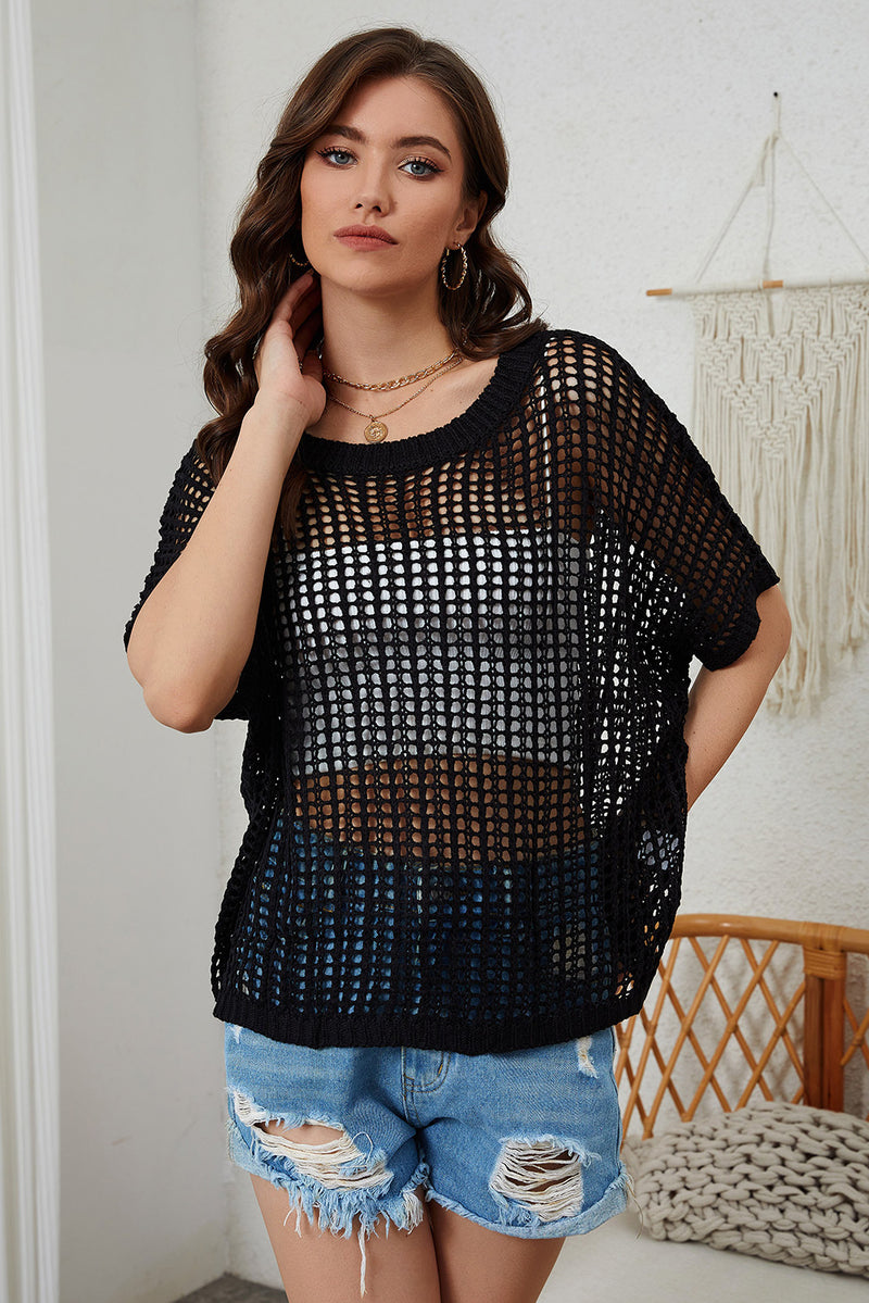 Black Fishnet Knit Ribbed Round Neck Short Sleeve Sweater Tee