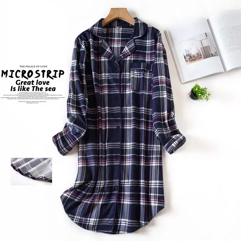 Flannel Cotton Home Nightdress Cardigan Shirt Night Dress Cute Cartoon Plaid Design Sleepwear Fashion Sleeping Shirt Woman