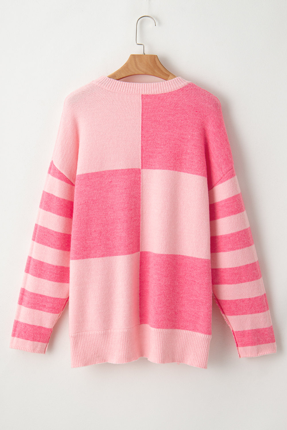 Pink Checkered Colorblock Striped High Low Loose Sweater