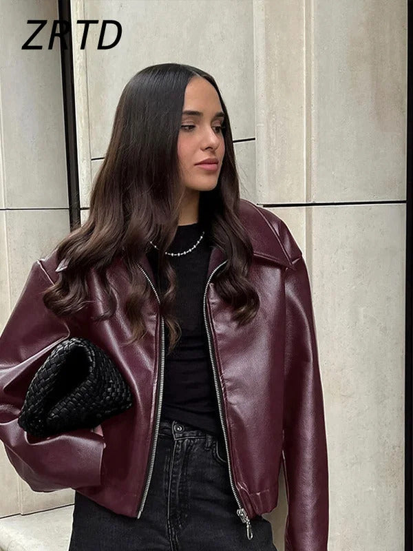 Elegant Burgundy Faux Leather Jackets Women Fashion Lapel Zipper Long Sleeve Female Coats 2024 Autumn Winter Lady Street Outwear