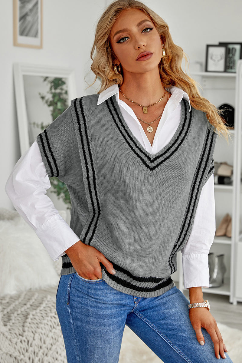 Gray V Neck Contrast Stripes Trims Short Sleeve Sweater