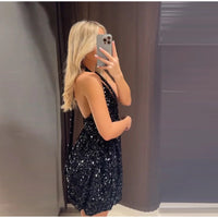 Sexy Sequin Velvet Sleeveless Dress Women Black Shinny V-neck A-line Loose Evening Dresses Female 2025 Fashion Solid Party Robe