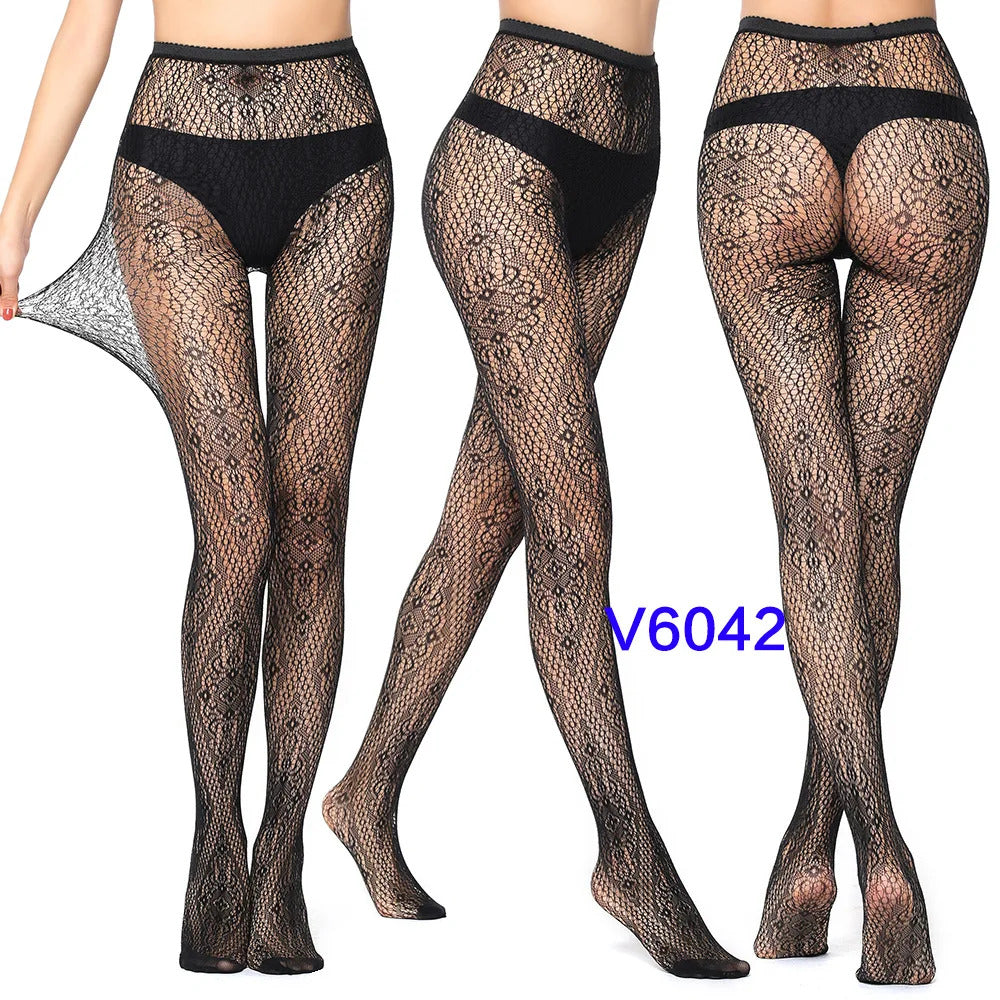 Women Sexy Fishnet Tights Jacquard Weave Seamless Pantyhose Yarns Garter Grid Fish Net Stockings Black Spider Gothic Lace Tights