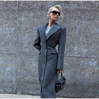 2024 Chic Grey Single Breasted Full Sleeve Wool Jackets Women's Casual Slim Fit Lapel Pockets Coat Female High Street Outerwears