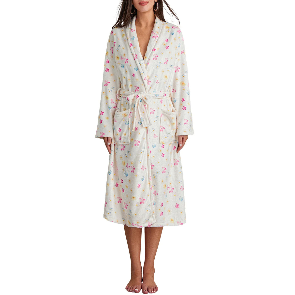 Women Flannel Robe Home Sleepwear Floral Print Shawl Collar Bathrobe Kimono Robe with Belt Winter Warm Pajamas Clothes