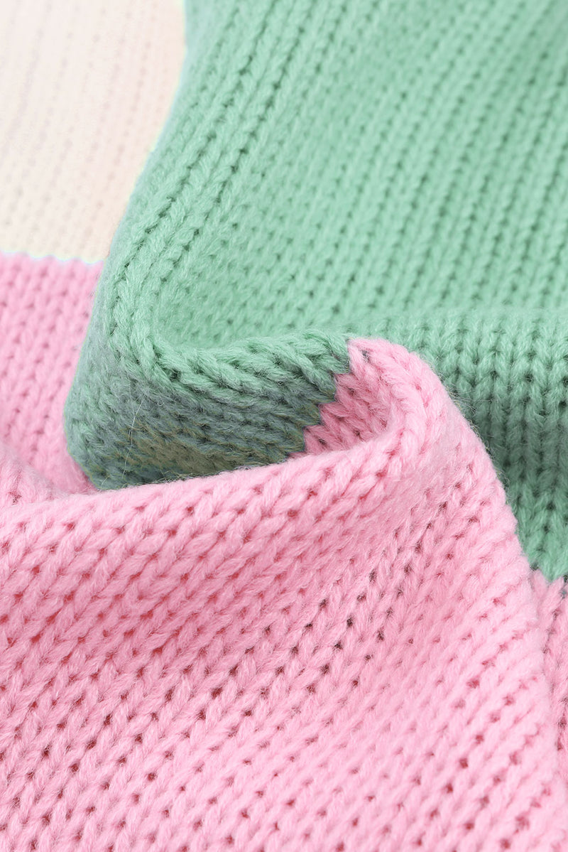 Pink Colorblock Drop Shoulder Bell Sleeve Sweater